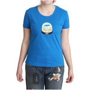 Moschino, Tops, Dames, Blauw, S, Katoen, Blauw Bedrukt Katoenen Korte Mouwen T-shirt