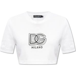 Dolce & Gabbana, Tops, Dames, Wit, S, Katoen, Crop T-shirt met logo