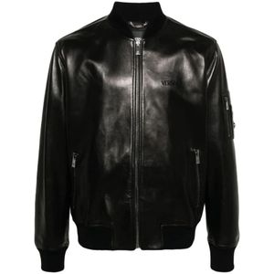 Versace, Zwarte Leren Blouson Jas Zwart, Heren, Maat:L