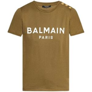 Balmain, Tops, Dames, Groen, XS, Katoen, Bedrukt Logo Katoenen T-Shirt