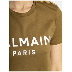 Balmain, Tops, Dames, Groen, M, Katoen, Bedrukt Logo Katoenen T-Shirt