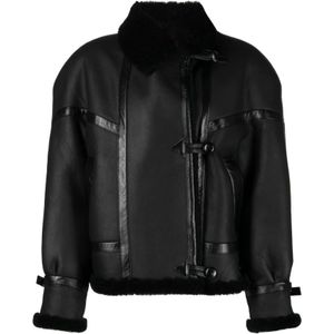 Saint Laurent, Jassen, Dames, Zwart, S, Zwarte Shearling Jas met Brede Revers en Voorzakken