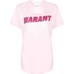 Isabel Marant Étoile, Tops, Dames, Roze, M, Katoen, Logo Print T-Shirt in Lichtroze