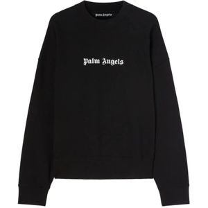 Palm Angels, Sweatshirts & Hoodies, Heren, Zwart, XL, Katoen, Zwarte Katoenen Trui van Jersey met Logo Print