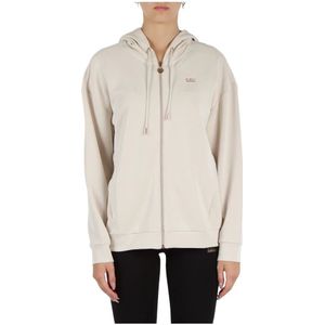 Emporio Armani Ea7, Sweatshirts & Hoodies, Dames, Beige, XS, Polyester, Modal Zip Hoodie met Logo Plaque