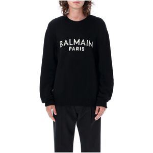 Balmain, Truien, Heren, Zwart, L, Wol, Zwarte Gebreide Logo Trui