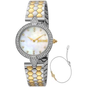 Just Cavalli, Accessoires, Dames, Veelkleurig, ONE Size, Analoge Roestvrijstalen Horloge met Leren Band