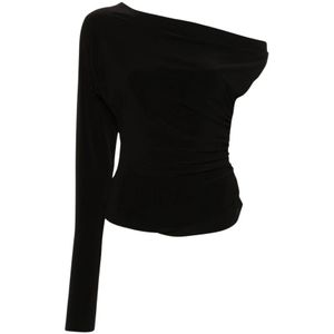 Norma Kamali, Blouses & Shirts, Dames, Zwart, M, Zwarte Cold-Shoulder Sweater met Asymmetrische Zoom