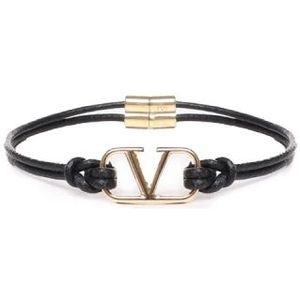Valentino Garavani, Zwart Leren Armband met Gouden VLogo Zwart, Heren, Maat:L