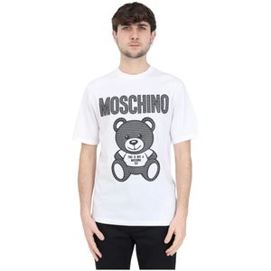 Moschino, Heren Wit Organisch Katoenen T-shirt met Mesh Teddy Bear Print Wit, Heren, Maat:M