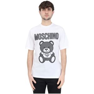 Moschino, Tops, Heren, Wit, XL, Katoen, Heren Wit Organisch Katoenen T-shirt met Mesh Teddy Bear Print