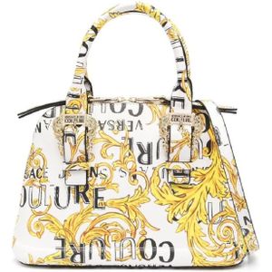 Versace Jeans Couture, Tassen, Dames, Wit, ONE Size, Barok Print Handtas met Logo Gespen