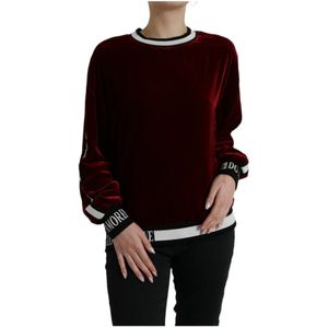 Dolce & Gabbana, Sweatshirts & Hoodies, Dames, Rood, XS, Bordeaux Velvet Ronde Hals Sweater