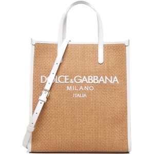 Dolce & Gabbana, Tassen, Dames, Bruin, ONE Size, Katoen, Beige Geweven Raffia Winkel Tas