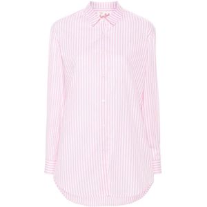 MC2 Saint Barth, Blouses & Shirts, Dames, Roze, L, Katoen, Roze Gestreept Overhemd met Geborduurde Slogan