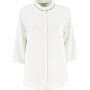 Le Tricot Perugia, Linnen blouse met geborduurde kraag Wit, Dames, Maat:S