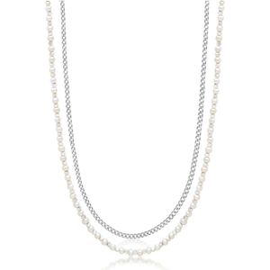 Nialaya, Accessoires, Heren, Grijs, ONE Size, Silver Necklace Layer with 3mm Cuban Link Chain and Pearl Necklace