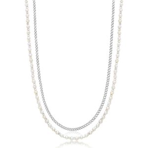 Nialaya, Silver Necklace Layer with 3mm Cuban Link Chain and Pearl Necklace Grijs, Heren, Maat:ONE Size