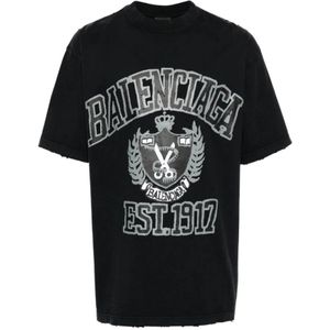 Balenciaga, Tops, Heren, Zwart, M, Katoen, Zwart T-shirt met distressed effect en logo print