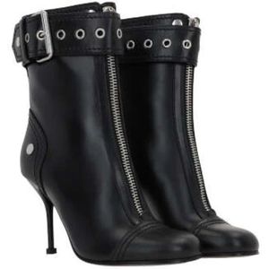 Alexander McQueen, Schoenen, Dames, Zwart, 37 EU, Leer, Zwarte Leren Stiletto Laarzen met Rits