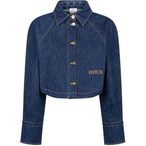 Patou, Overhemden, Dames, Blauw, 2Xs, Denim, Geborduurde Blauwe Denim Cropped Shirt