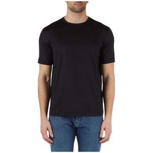 Emporio Armani, Tops, Heren, Zwart, L, Katoen, Zijden en Katoenen Logo Geborduurd T-shirt