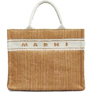 Marni, Tassen, Dames, Bruin, ONE Size, Katoen, Bruine Raffia East/West Tote Tas