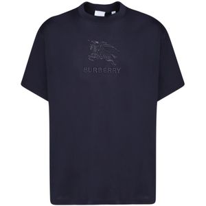 Burberry, Tops, Heren, Blauw, S, Katoen, Blauw T-shirt met geborduurd logo