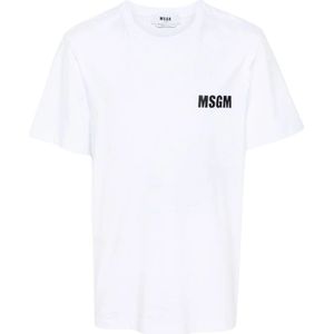 Msgm, Logo Print Crew Neck T-shirts en Polos Wit, Heren, Maat:S