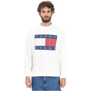 Tommy Jeans, Sweatshirts & Hoodies, Heren, Wit, S, Katoen, Witte Crewneck Sweatshirt Casual Herfst Winter