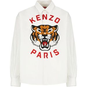 Kenzo, Overhemden, Heren, Wit, L, Katoen, Witte Katoenen Shirt met Logo Print