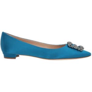 Manolo Blahnik, Schoenen, Dames, Blauw, 39 EU, Blauwe Zijden Ballerina`s met Juwelen Gesp