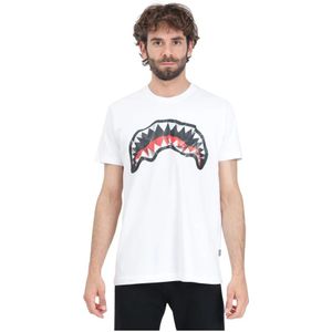 Sprayground, Tops, Heren, Wit, L, Katoen, Witte Crumpled Shark Mond Print T-shirt