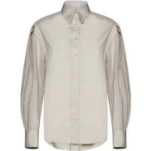 Brunello Cucinelli, Blouses & Shirts, Dames, Grijs, L, Katoen, Klassieke Kraag Doorschijnende Raglan Mouw Shirt