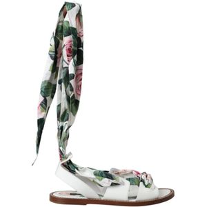 Dolce & Gabbana, Schoenen, Dames, Veelkleurig, 37 EU, Leer, Bloemenprint Enkelwikkel Sandalen