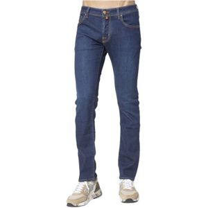 Jacob Cohën, Donkerblauwe Jeans met Bruine Plaque Blauw, Heren, Maat:W34