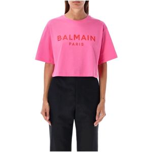 Balmain, Tops, Dames, Roze, M, Katoen, Cropped Logo T-Shirt Fucsia Rose