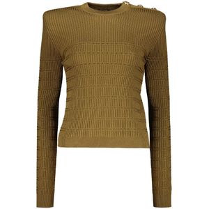 Balmain, Truien, Dames, Groen, M, Geribbelde crew-neck trui met versierde knopen