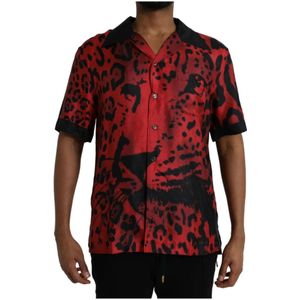 Dolce & Gabbana, Overhemden, Heren, Veelkleurig, L, Rode Luipaard Zijden Knoopshirt