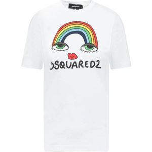 Dsquared2, Tops, Dames, Wit, S, Katoen, Regenboog Logo Print T-Shirt