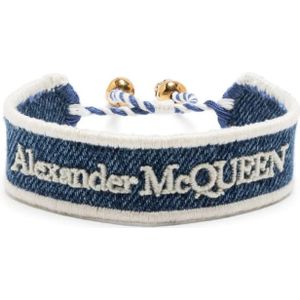 Alexander McQueen, Accessoires, Dames, Blauw, ONE Size, Armband met Geborduurde Skull Bedel