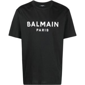 Balmain, Tops, Heren, Zwart, S, Katoen, Zwart Logo-Print Crew Neck T-Shirt