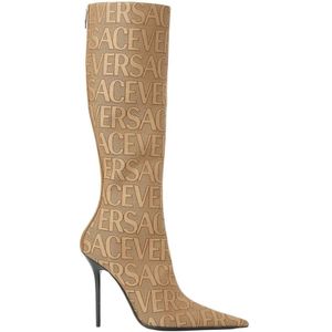Versace, Schoenen, Dames, Beige, 41 EU, Katoen, Canvas Logo Jacquard Hoge Hakken Laarzen