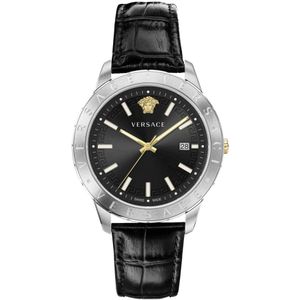 Versace, Accessoires, Heren, Grijs, ONE Size, Analoge Datum Kwarts Horloge Saffierglas