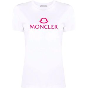 Moncler, Tops, Dames, Wit, S, Katoen, Roze Logo Print Casual T-Shirt