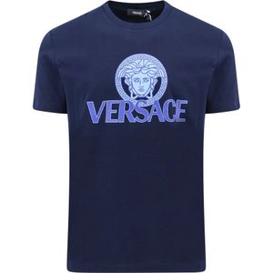 Versace, Tops, Heren, Blauw, L, Katoen, Iconisch Print Jersey Katoenen T-Shirt