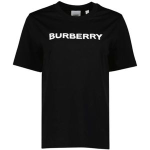 Burberry, Tops, Dames, Zwart, L, Katoen, Logo Print Ronde Hals Tee