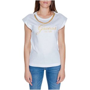 Guess, Tops, Dames, Wit, S, Katoen, Crystal Logo T-shirt Herfst/Winter Collectie