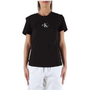 Calvin Klein Jeans, Tops, Dames, Zwart, L, Katoen, Slim Fit Katoenen T-shirt met Logo Borduurwerk