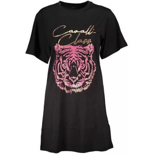 Cavalli Class, Kleedjes, Dames, Zwart, L, Katoen, Zwart Logo Print T-Shirt Regular Fit